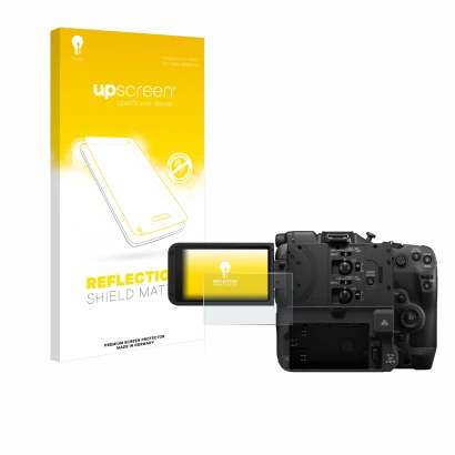 Parte frontal de un envase de producto con el logotipo de la marca upscreen. Al lado se muestra el dispositivo Canon EOS C400
