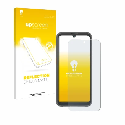 Parte frontal de un envase de producto con el logotipo de la marca upscreen. Al lado se muestra el dispositivo Blackview BV520
