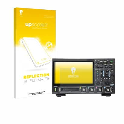 Parte frontal de un envase de producto con el logotipo de la marca upscreen. Al lado se muestra el dispositivo Rigol DHO914 co