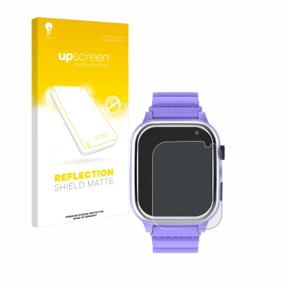 Parte frontal de un envase de producto con el logotipo de la marca upscreen. Al lado se muestra el dispositivo Jubunrer Kids S