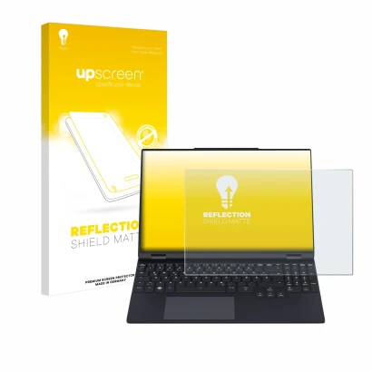Parte frontal de un envase de producto con el logotipo de la marca upscreen. Al lado se muestra el dispositivo Tuxedo Infinity