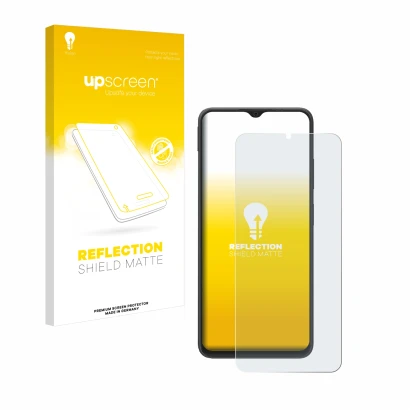 Parte frontal de un envase de producto con el logotipo de la marca upscreen. Al lado se muestra el dispositivo Blackview Wave 