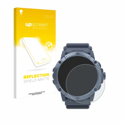 Parte frontal de un envase de producto con el logotipo de la marca upscreen. Al lado se muestra el dispositivo Coros Vertix 2S