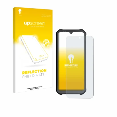 Parte frontal de un envase de producto con el logotipo de la marca upscreen. Al lado se muestra el dispositivo Sonim XP400 con