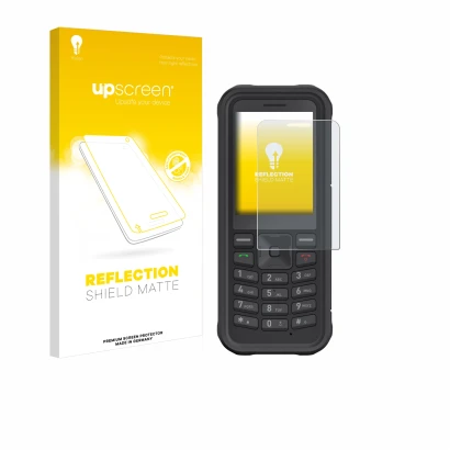 Parte frontal de un envase de producto con el logotipo de la marca upscreen. Al lado se muestra el dispositivo Sonim XP100 con
