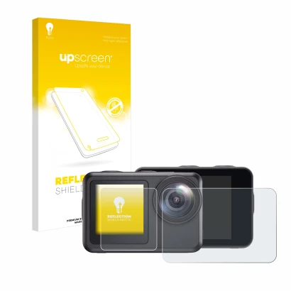 Parte frontal de un envase de producto con el logotipo de la marca upscreen. Al lado se muestra el dispositivo Akaso Brave 7 L