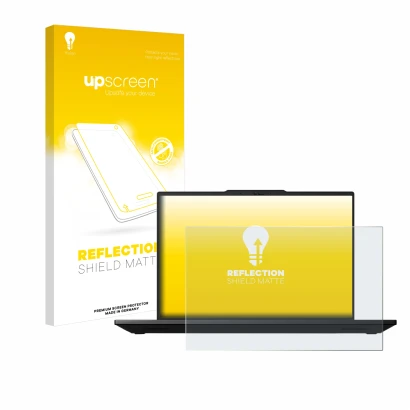 Parte frontal de un envase de producto con el logotipo de la marca upscreen. Al lado se muestra el dispositivo Lenovo ThinkPad