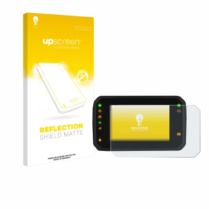 Parte frontal de un envase de producto con el logotipo de la marca upscreen. Al lado se muestra el dispositivo Honda ADV350 5"