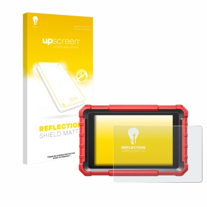 Parte frontal de un envase de producto con el logotipo de la marca upscreen. Al lado se muestra el dispositivo Launch X-431 PR