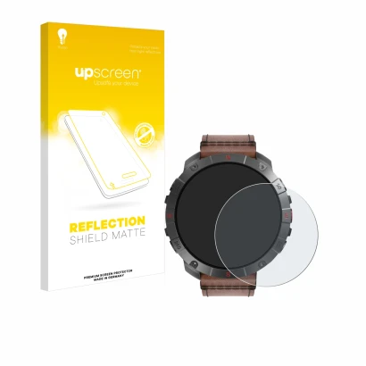 Parte frontal de un envase de producto con el logotipo de la marca upscreen. Al lado se muestra el dispositivo Polar Grit X2 P