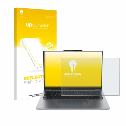 Parte frontal de un envase de producto con el logotipo de la marca upscreen. Al lado se muestra el dispositivo Lenovo ThinkPad