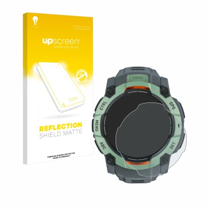 Parte frontal de un envase de producto con el logotipo de la marca upscreen. Al lado se muestra el dispositivo Garmin Instinct