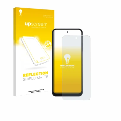 Parte frontal de un envase de producto con el logotipo de la marca upscreen. Al lado se muestra el dispositivo Hotwav Note 13 