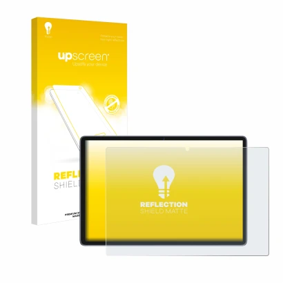 Parte frontal de un envase de producto con el logotipo de la marca upscreen. Al lado se muestra el dispositivo Suaat S10 10" c
