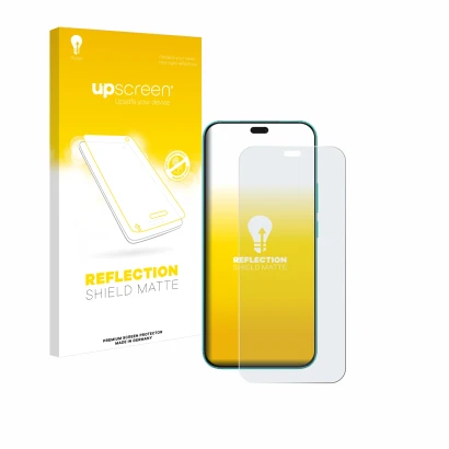 Parte frontal de un envase de producto con el logotipo de la marca upscreen. Al lado se muestra el dispositivo Honor X8c con s
