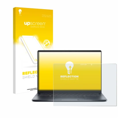 Parte frontal de un envase de producto con el logotipo de la marca upscreen. Al lado se muestra el dispositivo Dell Pro 14 Pre