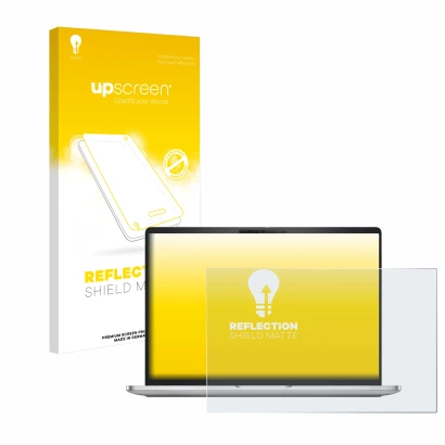 Parte frontal de un envase de producto con el logotipo de la marca upscreen. Al lado se muestra el dispositivo Dell Pro 16 Plu