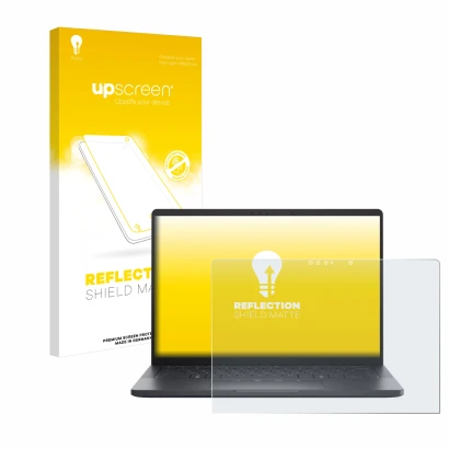 Parte frontal de un envase de producto con el logotipo de la marca upscreen. Al lado se muestra el dispositivo Dell Pro 13 Pre