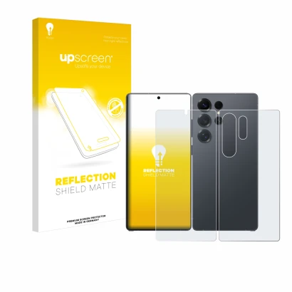 Parte frontal de un envase de producto con el logotipo de la marca upscreen. Al lado se muestra el dispositivo Samsung Galaxy 