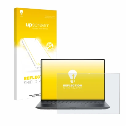Parte frontal de un envase de producto con el logotipo de la marca upscreen. Al lado se muestra el dispositivo Dell Precision