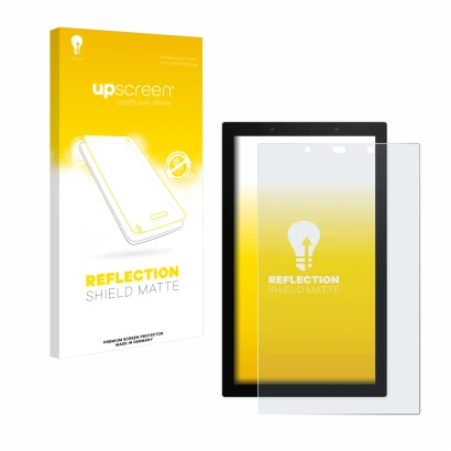 Parte frontal de un envase de producto con el logotipo de la marca upscreen. Al lado se muestra el dispositivo SONOFF NSPanel