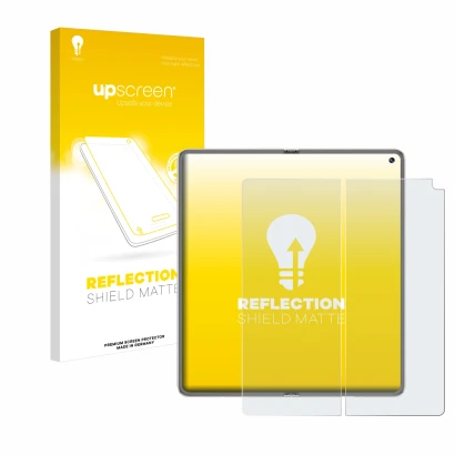 Parte frontal de un envase de producto con el logotipo de la marca upscreen. Al lado se muestra el dispositivo Huawei Mate X6 