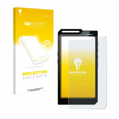 Parte frontal de un envase de producto con el logotipo de la marca upscreen. Al lado se muestra el dispositivo Hiby R4 con su