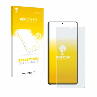 Parte frontal de un envase de producto con el logotipo de la marca upscreen. Al lado se muestra el dispositivo Samsung Galaxy 