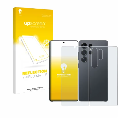 Parte frontal de un envase de producto con el logotipo de la marca upscreen. Al lado se muestra el dispositivo Samsung Galaxy 