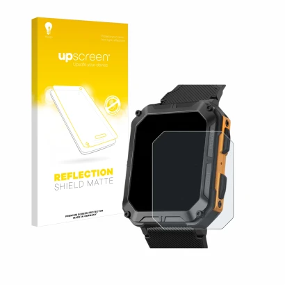 Parte frontal de un envase de producto con el logotipo de la marca upscreen. Al lado se muestra el dispositivo Stahlgear Thor