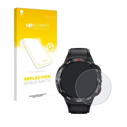 Parte frontal de un envase de producto con el logotipo de la marca upscreen. Al lado se muestra el dispositivo Xiaomi Mibro GS