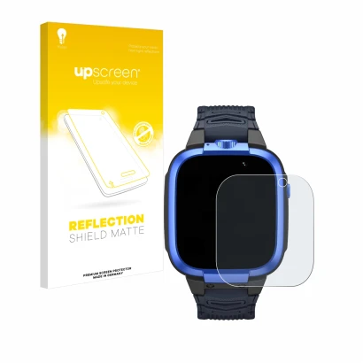 Parte frontal de un envase de producto con el logotipo de la marca upscreen. Al lado se muestra el dispositivo Xiaomi Mibro Ki