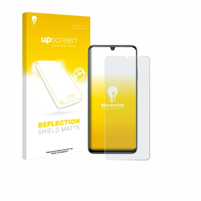 Parte frontal de un envase de producto con el logotipo de la marca upscreen. Al lado se muestra el dispositivo ZTE Blade V70 M