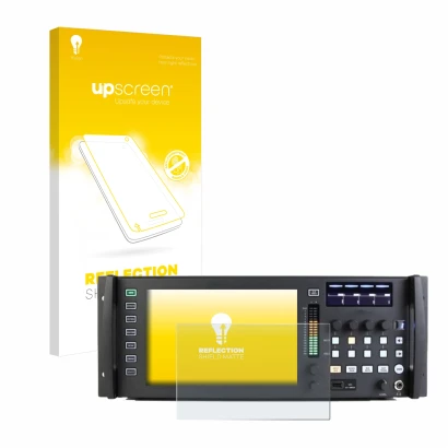 Parte frontal de un envase de producto con el logotipo de la marca upscreen. Al lado se muestra el dispositivo Behringer Wing