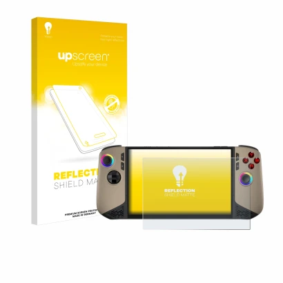 Parte frontal de un envase de producto con el logotipo de la marca upscreen. Al lado se muestra el dispositivo MSI Claw 8 AI+
