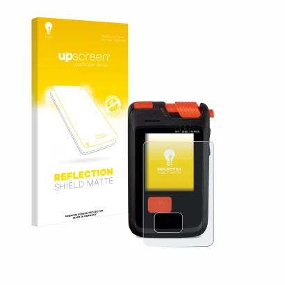 Parte frontal de un envase de producto con el logotipo de la marca upscreen. Al lado se muestra el dispositivo Mammut Barryvox