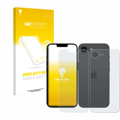Parte frontal de un envase de producto con el logotipo de la marca upscreen. Al lado se muestra el dispositivo Apple iPhone 16
