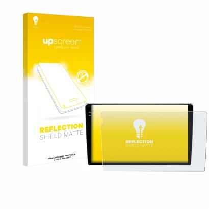 Parte frontal de un envase de producto con el logotipo de la marca upscreen. Al lado se muestra el dispositivo Teyes CC3 9" co