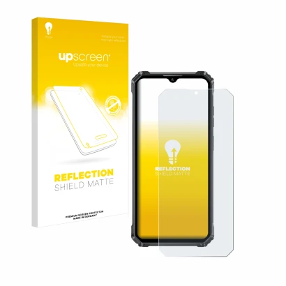 Parte frontal de un envase de producto con el logotipo de la marca upscreen. Al lado se muestra el dispositivo Oukitel G1 con