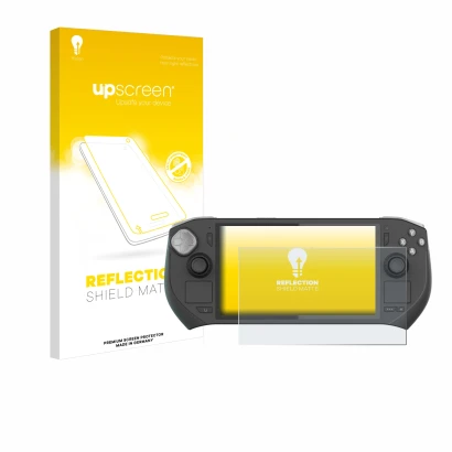 Parte frontal de un envase de producto con el logotipo de la marca upscreen. Al lado se muestra el dispositivo Zotac Gaming Zo