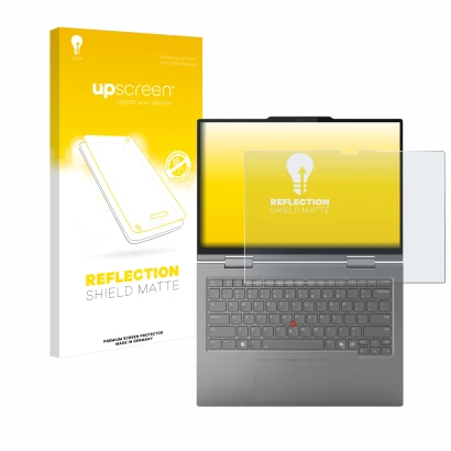 Parte frontal de un envase de producto con el logotipo de la marca upscreen. Al lado se muestra el dispositivo Lenovo ThinkPad