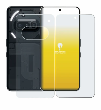 Imagen del dispositivo Nothing Phone (3a) (Frontal+Trasero) con una amplia variedad de protectores de pantalla.