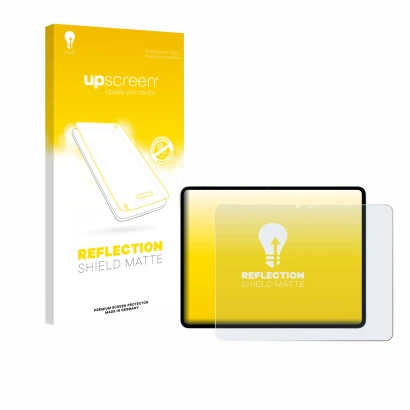 Parte frontal de un envase de producto con el logotipo de la marca upscreen. Al lado se muestra el dispositivo Apple iPad Air