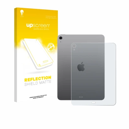 Parte frontal de un envase de producto con el logotipo de la marca upscreen. Al lado se muestra el dispositivo Apple iPad Air 