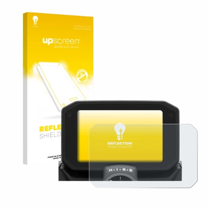 Parte frontal de un envase de producto con el logotipo de la marca upscreen. Al lado se muestra el dispositivo Honda Hornet CB