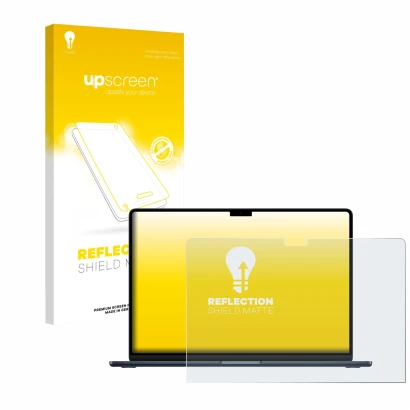 Parte frontal de un envase de producto con el logotipo de la marca upscreen. Al lado se muestra el dispositivo Apple MacBook A