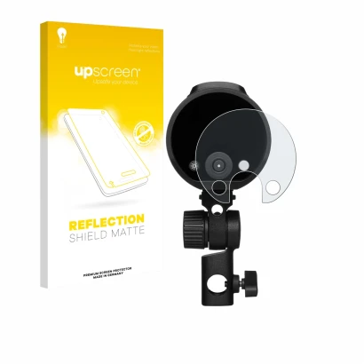 Parte frontal de un envase de producto con el logotipo de la marca upscreen. Al lado se muestra el dispositivo Profoto A2 con