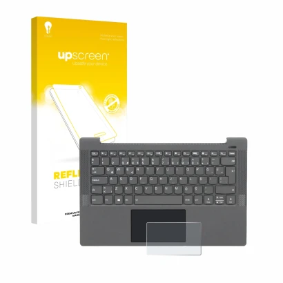 Parte frontal de un envase de producto con el logotipo de la marca upscreen. Al lado se muestra el dispositivo Lenovo IdeaPad