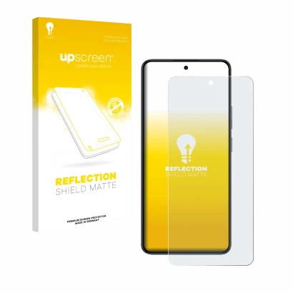 Parte frontal de un envase de producto con el logotipo de la marca upscreen. Al lado se muestra el dispositivo realme 14T con