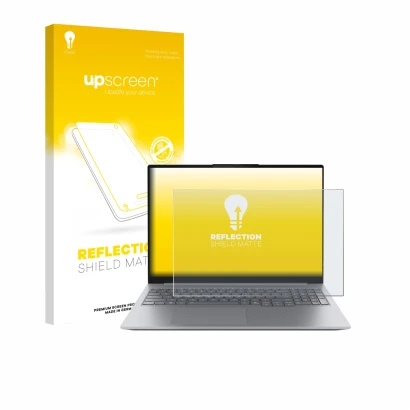 Parte frontal de un envase de producto con el logotipo de la marca upscreen. Al lado se muestra el dispositivo Lenovo ThinkBoo